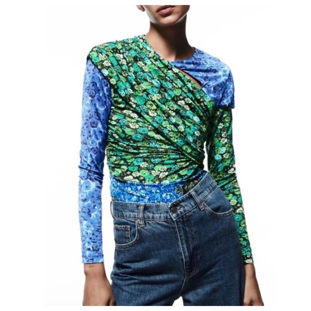 Zara Mixed Floral Draped Stretch Long Sleeve Top Blue Green Size Small